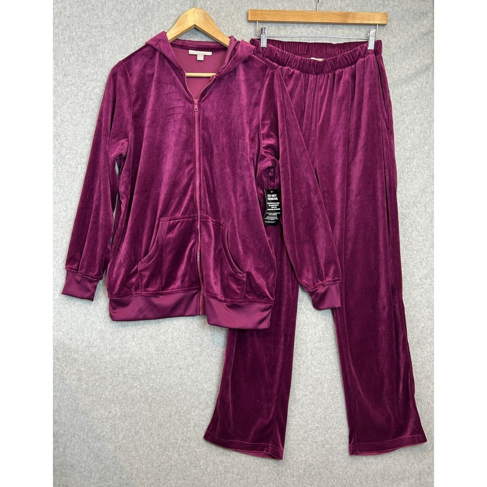 Woman Within Plum Purple Velour Tracksuit Set Zip Hoodie Pants Lounge Size S 12